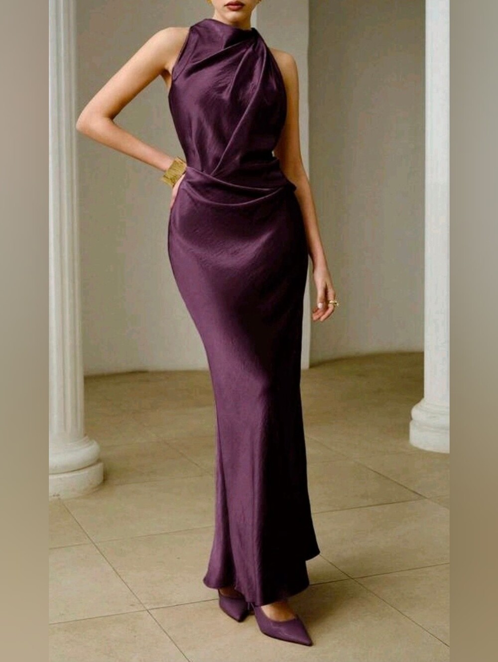 New Luxe Crushed Satin Bias Draped Maxi Dress Purple